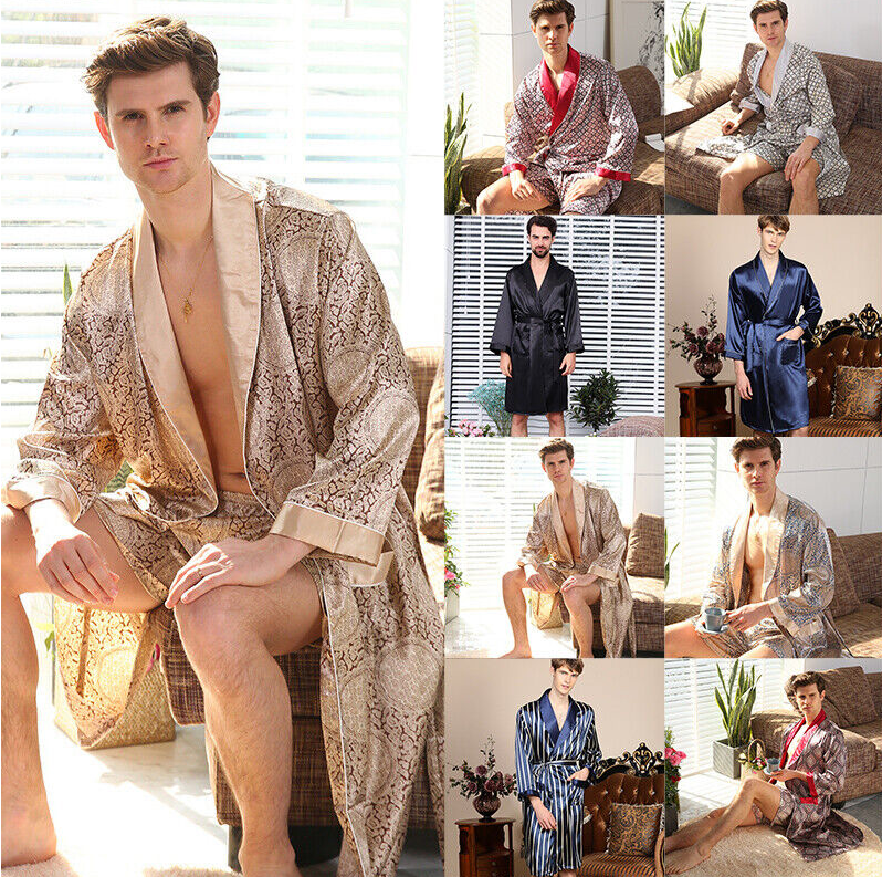 Men's Printed Satin Robe Set Silk Kimono Bathrobe with Shorts Comfy Nightgown Pj