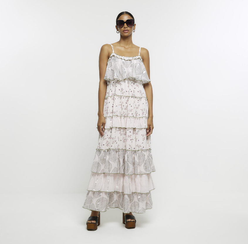 River Island Womens Maxi Dress Pink Tiered Abstract Print Sleeveless