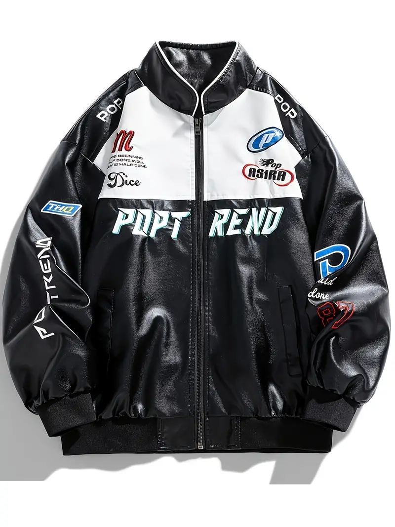 Men's Stylish PU Leather Letters Pattern Jacket With Pockets, Casual Breathable Stand Collar Zip Up Long Sleeve Jacket For Outdoor Activities